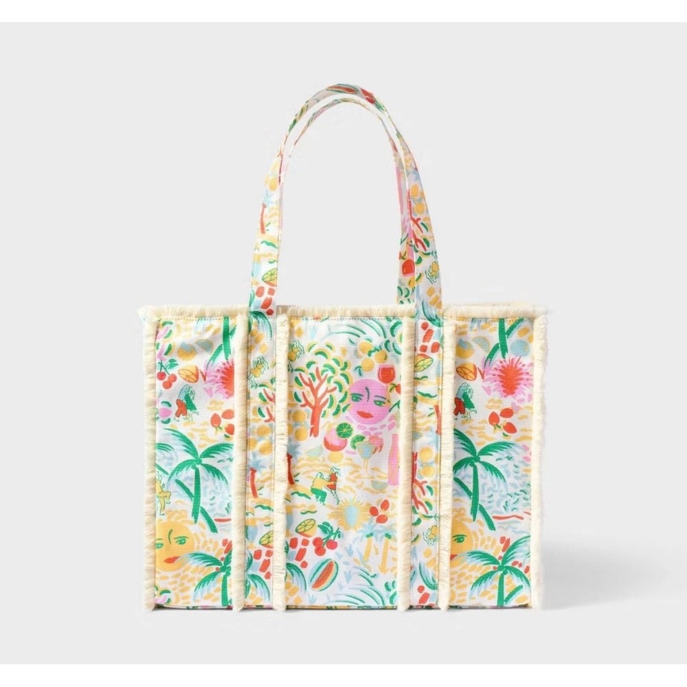 Roller Rabbit x Target Tropical Canvas Fringe Tote Bag White Multi Beach Summer
